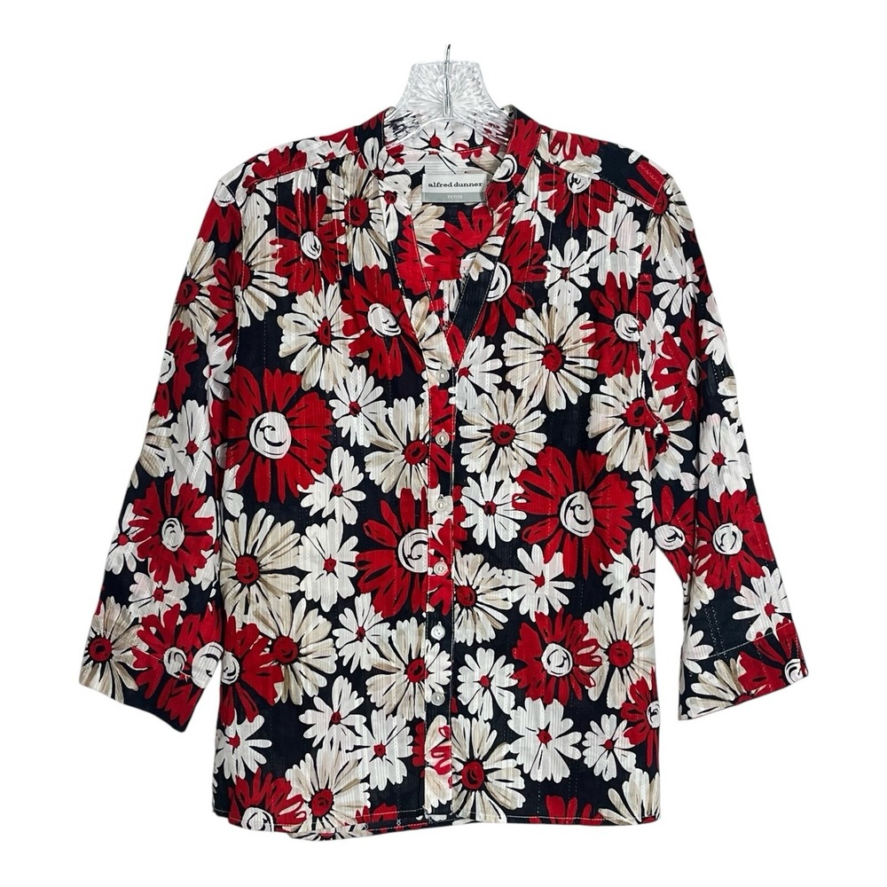 Alfred Dunner Petite Floral Print Button Front Blouse Red White Black Size 8P
